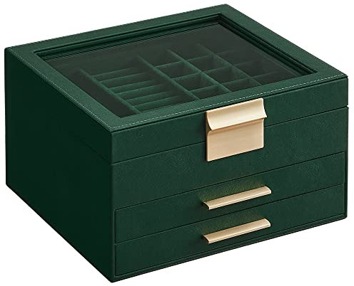 SONGMICS Jewellery Box with Glass Lid, 3-Layer Jewellery Storage Organiser with 2 Drawers, Plenty of Storage, Modern, Gift Idea, 20.3 x 23.1 x 13.5 cm, Forest Green and Gold JBC239C01