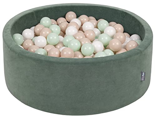 KiddyMoon Velluto Piscina di Palline 90X30cm/300 Palline ∅ 7CM per Bambini Tondo Fabbricato in EU, Velluto Verde: Beige Pastello/Bianco/Menta