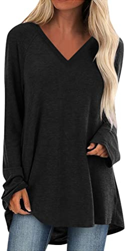 Minetom Chemise Femme T-Shirt à Manches Longues Sweatshirt Long Pull Tunique Chic Mode Chemise Haut Élégant Mini Robe Col Rond/Col en V Longshirt Oversize Tops D Noir 3XL