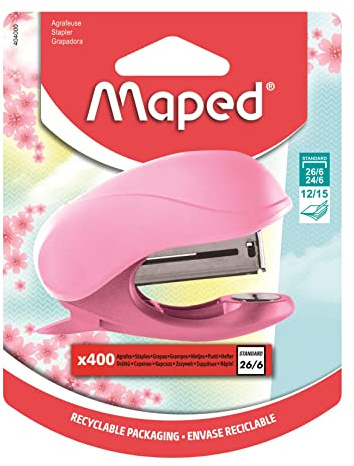 Maped - Pinzatrice Mini Vivo Rosa Pastello + 400 graffette 26/6 - Corpo in Materiale Riciclato - Con Coperchio Clip Integrata - Compatibile con graffette 24/6 e 26/6 - Collega fino a 15 fogli