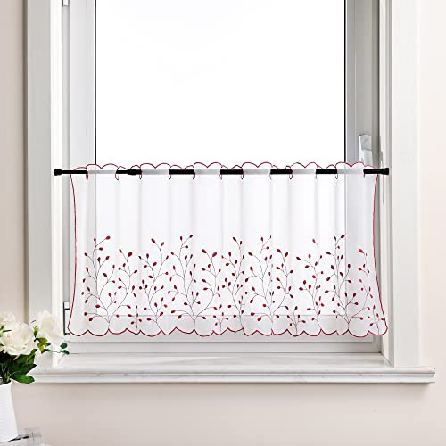 Delien Voile Scheibengardinen Küche »Grünland« B120 x H60 cm, Rot | 1 Stück,Bistrogardine mit Stickerei,Transparent Kurzstores,Durchstangenzug Kurzgardinen,Kurzvorhang mit Blattmuster