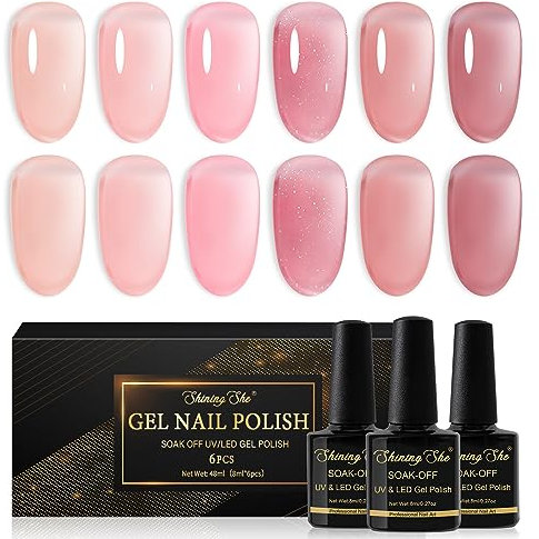 Shining She Vernis Semi Permanent, 6 PCS Naturelle Rose Nudee Transparent Gelée Vernis à Ongles Gel Soak Off UV/LED Gel UV Semi Permanent Manucure Kit Pour Salon De Manucure DIY Home, 8ML