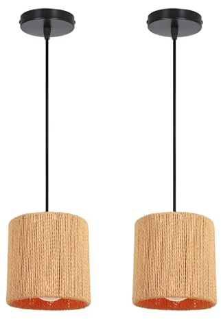 LIGKIN Pendelleuchte Rattan Boho Ø15cm Vintage Handgewebte Hängelampe E27 Runden Hängend Höhenverstellbar Lampenschirm Industrieller Boho Rustikal Kronleuchter für Schlafzimmer Wohnzimmer Küche, 2Pcs