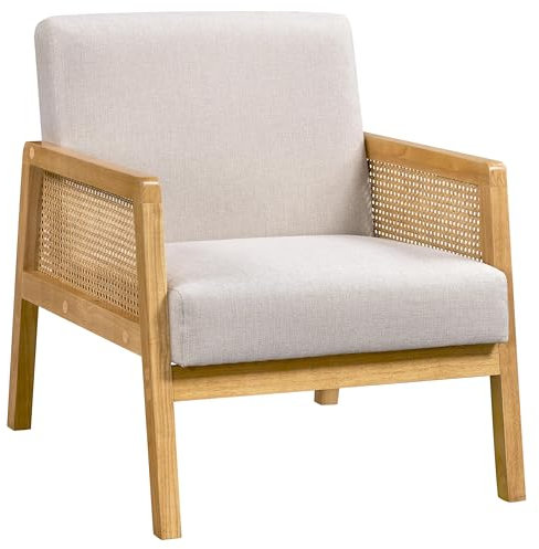 Yaheetech Sillón de Salón con Reposabrazos Estructura de Madera Sillón Relax de Ratán con Cojines Acolchados Sofá Individual para Salón Dormitorios Sala de Recepción Sala de Lectura