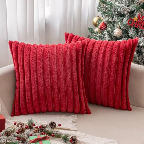 MIULEE Plüsch Kissenbezug 40x40 Weihnachten Deko Flauschige Kissenbezüge Kunstpelz Fell Sofakissen Flauschig Dekokissen Kissenhülle für Wohnzimmer Schlafzimmer Sofa Kuschelkissen Rot 2er Set