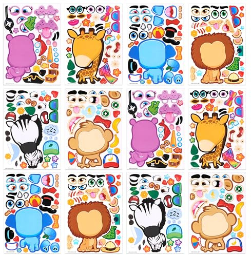 JOYIN 24 PCS 15,2cmx 22,8cm Aufkleber Kinder Sticker Set Make-a-face Sticker DIY Sticker Kinder DIY Gesichtsaufkleber mit Löwe, Affen und Fantasietieren für Party Favor Supplies Craft