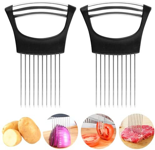 2 Stück Zwiebelschneiderhalter, Gemüseschneider Schneidwerkzeuge mit 10 Zinken, Meat Slicer Meat Tenderizer Nadel, Praktische Küche Gadgets Sicherheit Kochen Werkzeuge
