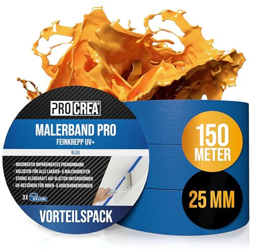 PROCREA® 3x Premium Malerkrepp Pro UV [Vorteilspack 3x 25 mm] Blaues Kreppband Malerband für innen & außen - Wasser- & Hitzebeständiges Abklebeband zum Streichen, Lackieren und Renovieren
