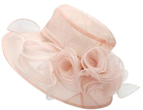 Fascinator-Hut, Organza-Hüte für Damen, mit 13CM Krempe Blumendekoration Blumenmaschen-Sonnenhut Teepartyhut, Kirche Braut Hochzeit Hut für Party Reise Urlaub Wandern (56-58CM,1F)