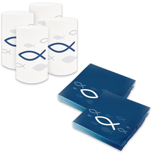 itenga Tischdeko Set - Servietten Motiv Fisch 30 x 30cm 3-lagig 40 Stück und 6 Windlichter für Kommunion Konfirmation Hochzeit Taufe und andere Feiern (blau weiss)