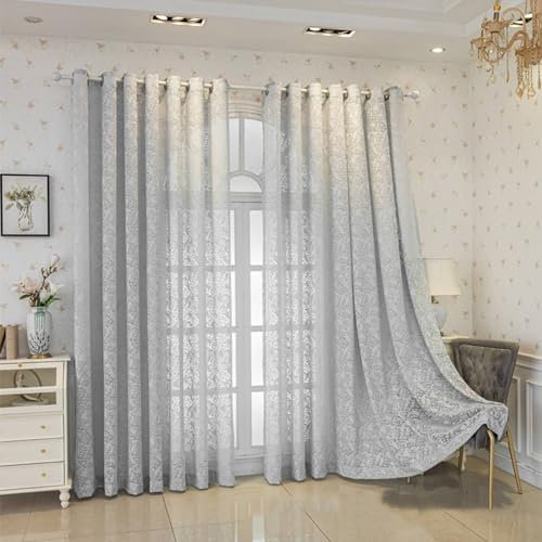 Beydodo Vorhänge Lichtdurchlässig Grau 86x138CM, Gardinen mit Schlaufen 2er Set Landhausstil Jacquard Blumen Motiv Ösenvorhänge Halbtransparent Gardinenschals Polyester Wohnzimmer Schlafzimmer