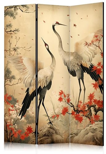 murando - Akusticher Raumteiler orientalisch 135x172 cm 3-teilig Foto Paravent beidseitig Bedruckt & Akustikschaum Trennwand Wand Home Office Vogels Blumen Bäume Kran p-H-10000-z-a