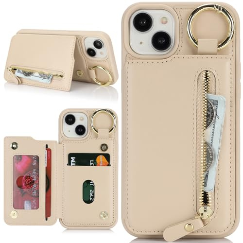 Zouzt Case for iPhone 15 Plus and iPhone 14 Plus 6.7 Inch, Wallet Case with Credit Card Holder Slot, Premium PU Leather Key Ring Zipper Shockproof Protective Phone Cover for Men Women - Almond