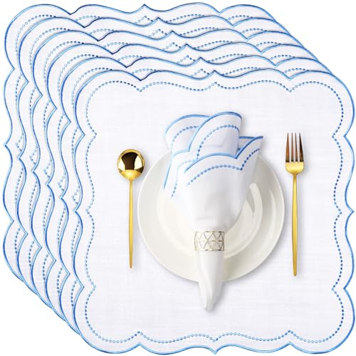 Hahafelt Stoffservietten, 45,7 x 45,7 cm, gewellte Stickerei, Stoffservietten, waschbar, Polyester, Tischessen, für Hotel, Restaurant, Hochzeiten, Veranstaltungen, Partys, Blau, 6 Stück