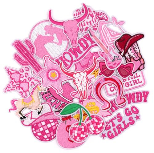 Winrase 23pcs Pink Western Iron On Patches, Cowgirl Sew On Applique Patches Girls Embroidered Patches for Clothing Hats Jackets Backpacks (Cowgirl 23pcs)