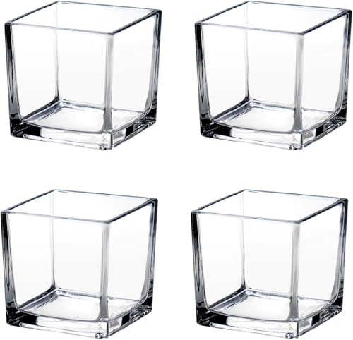 Square Glass Vases 5x5 Clear Cube Flower Vase for Wedding Centerpiece Candle Holder Home Decor, Set of 4