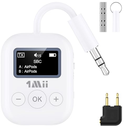 1Mii SafeFly Min+ Bluetooth 5.3 Adapter for Airplane/TV to 2 Wireless Headphones, Bluetooth Audio Transmitter Receiver with aptX Adaptive/Low Latency/HD, Works with 3.5mm Jack Home Stereo, Planes, TV