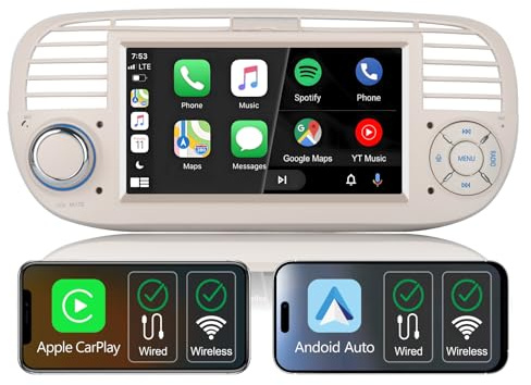 Autoradio wireless carplay per fiat 500 2007-2015,radio Schermo IPS da fiat 500,Stereo fiat 500 supporta Android auto,controlli originali sul volante,Bluetooth,AM FM RDS,USB,DSP,Subwoofer,navigazione