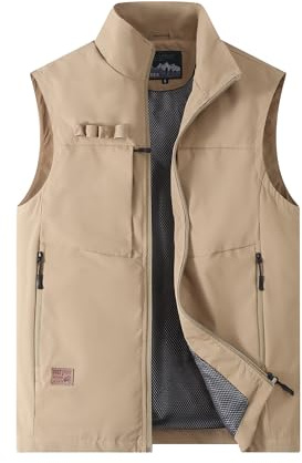 MeiLayM Herr utomhus snabbtorkande väst safari väst med flera fickor lätt ärmlös jacka fiskeväst andningsbar nätväst, Khaki, XL