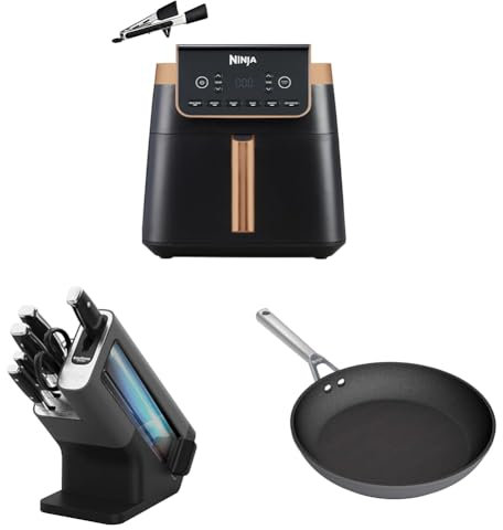 Ninja MAX PRO, 6,2 L, frire sans huile, noir/cuivre, AF180EUCP + Foodi StaySharp Bloc-couteaux avec Affûteur, Ensemble de Couteaux 6 Pièces K32006EU + ZEROSTICK Poêle à Frire de 28cm Gris C30028EU