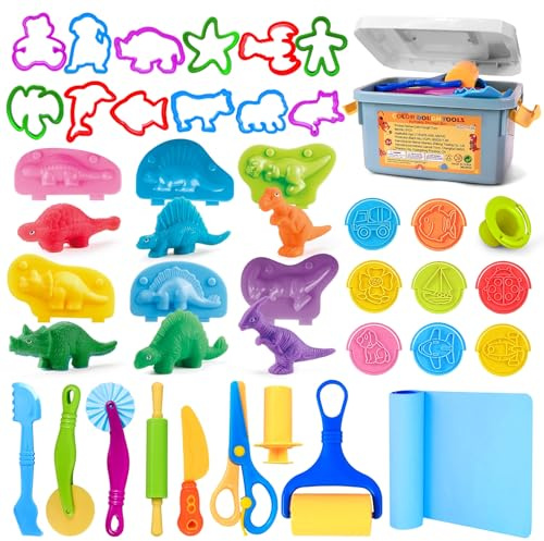Knete Spielzeug Set für Kinder, 37 teiliges Ton und Knete Zubehör mit Aufbewahrungsbehälter, Matte, Ausstecher, Nudelholz, Sicherheits Schere, Stempel, Tier und 3D Dino Formen für Jungen und Mädchen