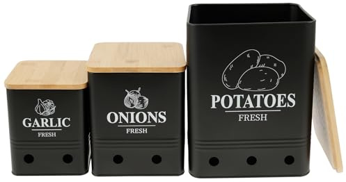 RHAIQBVC 3Pcs Vegetable Storage Tin 3 Size Stackable Garlic Onions Potatoes Storage Container Carbon Steel Kitchen Canister Vegetable Keeper with Aerating Holes and Wooden Lid