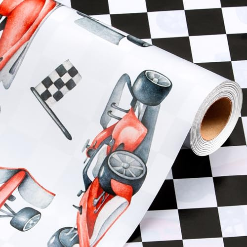 Wikadlik Geschenkpapierrolle mit Rennwagen-Design, klassisches schwarz-weißes kariertes Flaggen-Design, Geschenkpapier für Kinder, Jungen, Autoliebhaber, Vatertag, Schulabschluss, 43 cm x 10 m