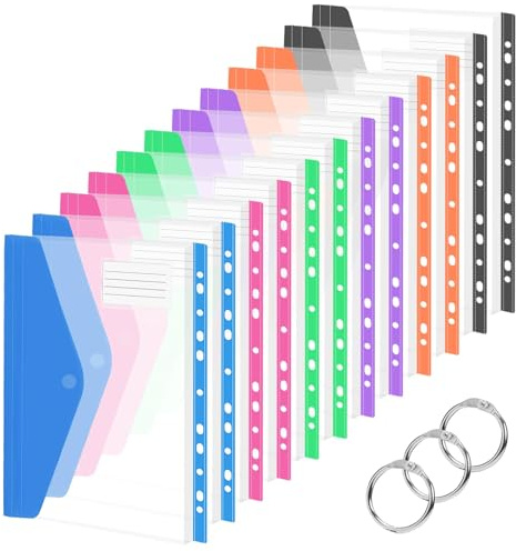 Surcotto 12 Pack Expandable Punched Pockets A4 Plastic File Jackets, Colourful File Pockets, A4 Folders Transparent Pocket with Velcro and Label Pocket for Home, Office and School, 6 Colors