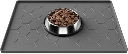Pieviev Tapis Gamelle Chien Chat, Silicone Alimentaire, 30x40cm Gris Foncé | antidérapant et imperméable, tapis pour bols eau & nourriture, rebord surélevé anti-débordement, passe au lave-vaisselle