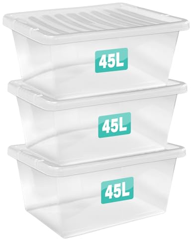 3 x 45 Litre Clear Plastic Storage Boxes With Lids Set of 3, Transparent Multipurpose Nestable Stackable Plastic Box With Lid Containers For Home, Kitchen, Garage, Office, Accessories
