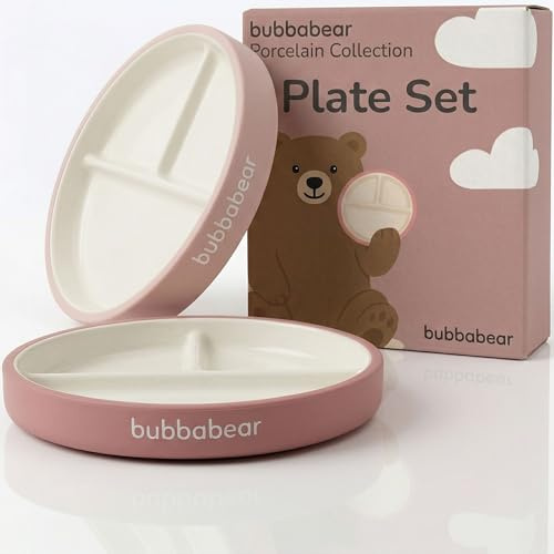Bubba Bear Piatti per lo svezzamento in porcellana per bambini con ventose in silicone, piatti divisi per neonati e bambini, adatti al microonde e alla lavastoviglie, stoviglie da tenere in posizione