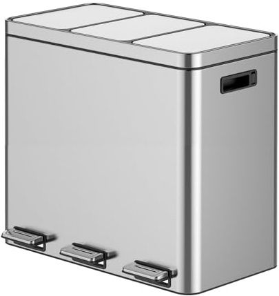 TROPOW 16 Gallon Stainless Steel Trash Can with 3 Separate Bins, Foot Pedal & Soft-Close Lid, Odor-Proof Kitchen Trash Can for Waste Sorting & Recycling