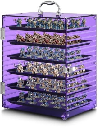 Famard Acrylic Miniature Carrying Case with 6 Magnetic Metal Trays, Display & Transport Storage Case with Protective Door,Compatible with Warhammer 40K Miniatures (Purple, Large)