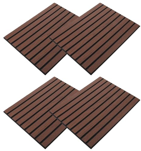 STOBAZA 4pcs Self-adhesive Acoustic Soundproofing Panels for Bedroom Use Felt Noise Reduction Boards with Walnut Striped Design and Backing Adhesive