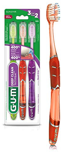 GUM Technique - Spazzolino da denti con manico a quadruplo, testa compatta e setole morbide, 3 pezzi