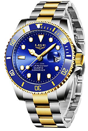 LIGE Montres Hommes Imperméable Acier Inoxydable Sport Quartz analogique Montre homm Entreprise Décontractée Chronographe Date Amoureux Phase de Lune Militaire Noir Montre-Bracelet
