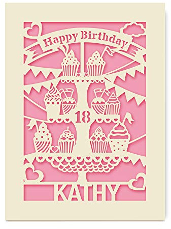 EDSG Personalised Birthday Card | Paper Cut Cup Cake Card With Happy Birthday | Custom Gift for Kids and Adults with Envelope 6th 12th 18th 21st Hand Finished in UK(Pink)