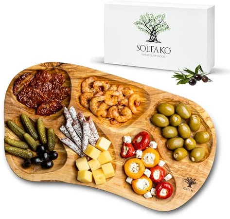 SOLTAKO Plato de Aperitivo de Madera de Olivo - Bandejas con 6 Compartimentos- Cuenco de Madera para Quesos, Salsas, Patatas Fritas, Frutos Secos - Cuenco de Aperitivos
