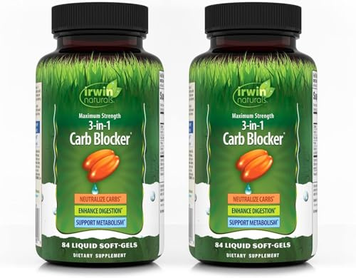 Irwin Naturals Maximum Strength 3-in-1 Carb Blocker - Neutralize Carbohydrates, Aids Digestion and Metabolism Booster - White Kidney Bean Extract + Chromium + Enzyme Blend - 84 Soft-Gels - 2 Pack