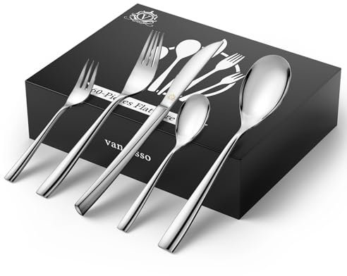vancasso Besteck Set 12 Personen, 60-pcs Silberbesteck mit 12x Messer/12x Gabel/12x Löffel/12x DessertGabel /12x Kaffeelöffel, 18/10 Edelstahl Besteckset Poliert mit Geschenkbox, Spülmaschinenfest