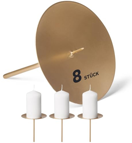 Novaliv 8er-Set Kerzenteller Dorn 10cm Gold Kerzentülle Adventskerzenhalter Kerzenteller zum Stecken Kerzenpin Weihnachten Kerzenhalter rund für Adventskranz Kerzenständer Weihnachtsdekoration