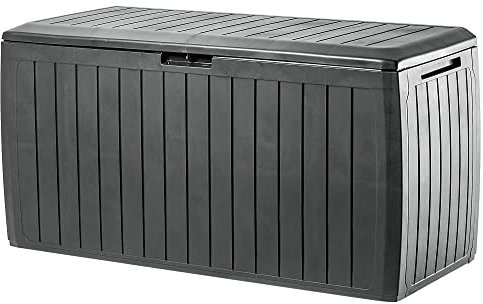KADAX Caja de almacenamiento de plástico, 116,6 x 47 x 59,5 cm, baúl de jardín de 290 L, con asas y cierre, caja de jardín para almacenamiento de cojines (290 L, antracita)
