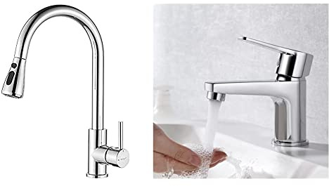 Ibergrif M22136 Rubinetto per Cucina con Doccetta Estraibile, Miscelatore Monocomando per Lavello & M11057 Star, Miscelatore Monocomando per Bagno, Rubinetto per Lavabo, Cromo, Argento