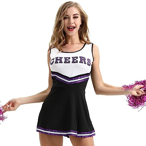 FAIRYRAIN Damen Cheerleader Kostüm Cheerleading Uniform Crop Top mit Minirock Uniform Kein Match Pom Poms Socken Halloween Party Verkleidung Karneval Set XXL