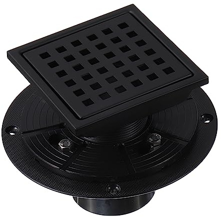 sourcing map 4 Inch Square Shower Floor Drain, 304 Stainless Steel Floor Drain with Flange for Bathrooms, Kitchens, Garages, Showers Sinks, Quadrato Pattern Grate Removable, Matte Black