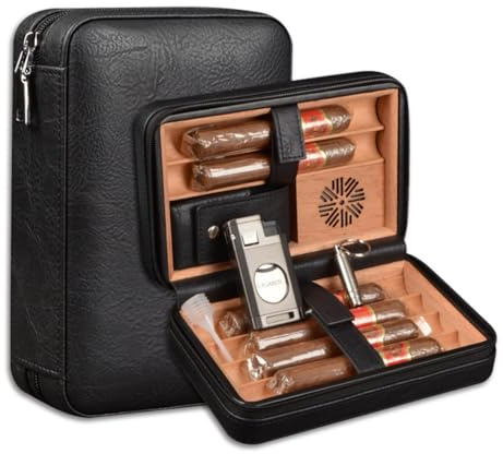 SaiDuoDuo Caves à cigares de voyage pour cigares, étui à cigares en cuir 3 en 1 en bois de cèdre, kit de voyage pour cigares avec allume-cigare, coupe-cigare et porte-cigare,Noir