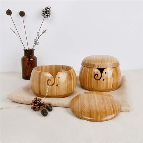 TEMU-SC Bol en Bois et Laine, Bobinoir à Laine Tricot, Rangement pour Tricot et Crochet (Couvercle Inclus, Bambou, 15 x 9.5 cm)