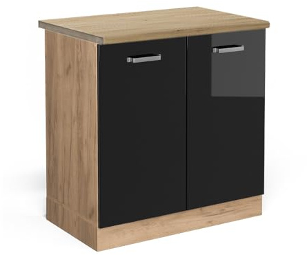Vicco Spülenunterschrank R-Line, Schwarz Hochglanz, 80 cm | 2 Türen · AP Eiche inkl. · Höhenverstellbare Füße · Großer Innenraum ✓ · ✓ Frei kombinierbar