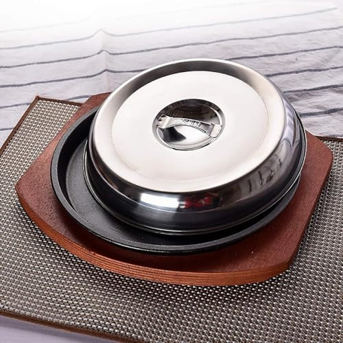 Plato para bistec chisporroteante con base de madera, plancha de hierro fundido, plato para servidor con cubierta de acero inoxidable, uso doméstico o en restaurante-24 cm