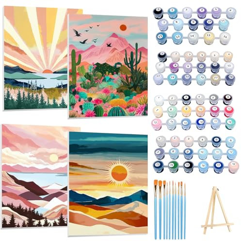 Ninonly 4 Stück Malen Nach Zahlen Erwachsene mit Rahmen DIY Ölgemälde Malen Nach Zahlen für Anfänger und Erwachsene mit 16 Pinseln und 4 Sätze Acrylfarben 24x30CM Sonnenaufgang